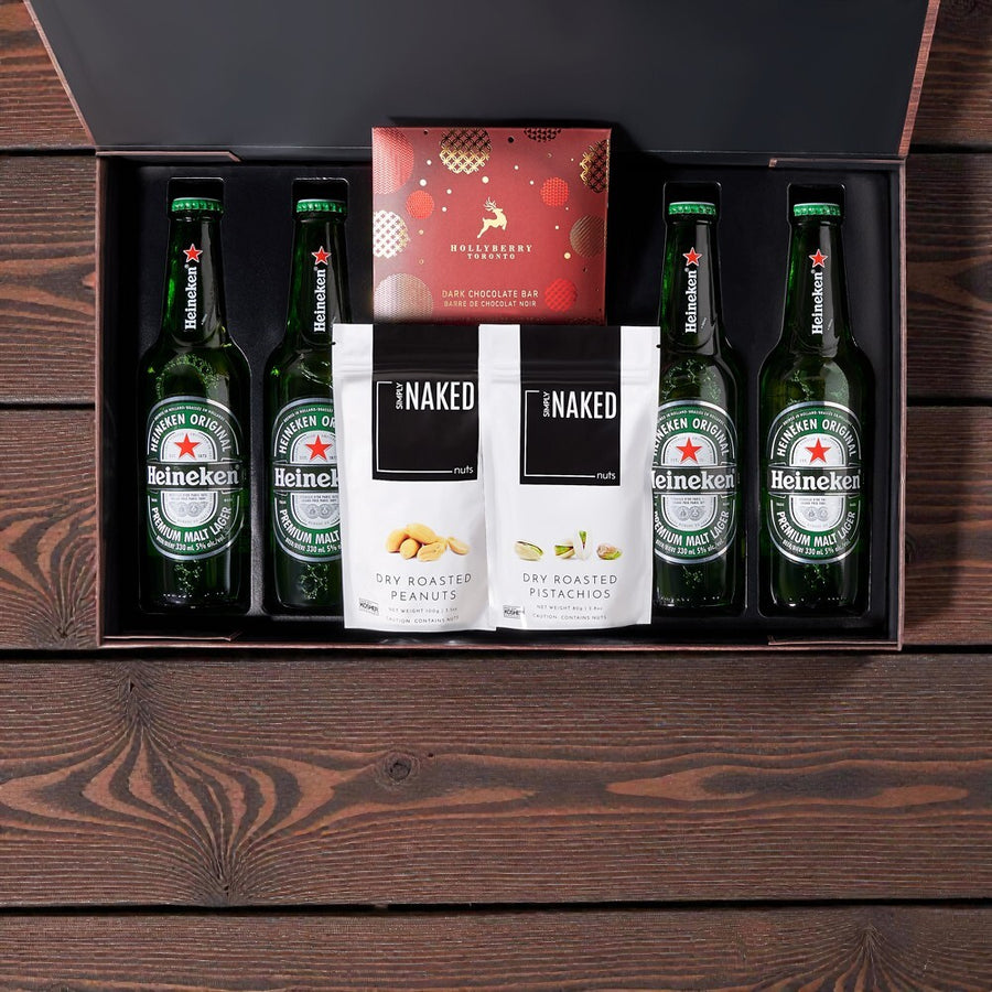 chocolate, beer gift, beer box, beer, holiday, Christmas, nuts, Christmas Heineken & nuts box, Christmas gift box, beer gift box, nuts box.
