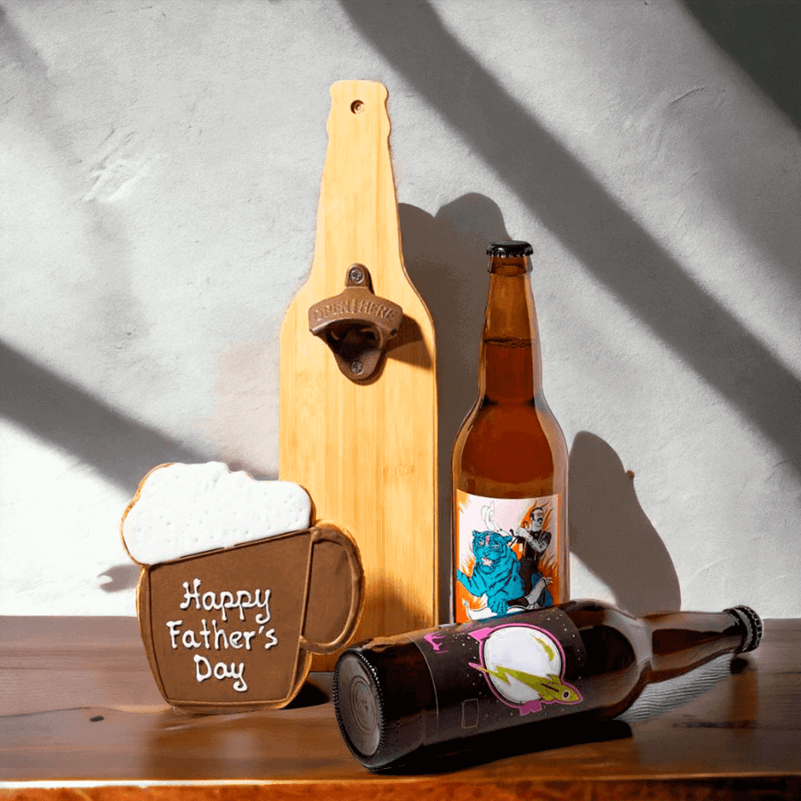 This gift features two bottles of our locally-sourced craft beer, a wall-mounted bottle opener, and a beer mug-shaped cookie for a sweet treat
