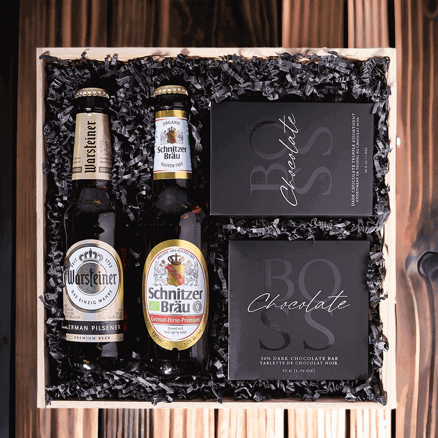 Featuring decadent dark chocolate truffles, a 50% dark chocolate bar, and two beers in a wooden gift box, this is a delightful way to show someone you are thinking of them.