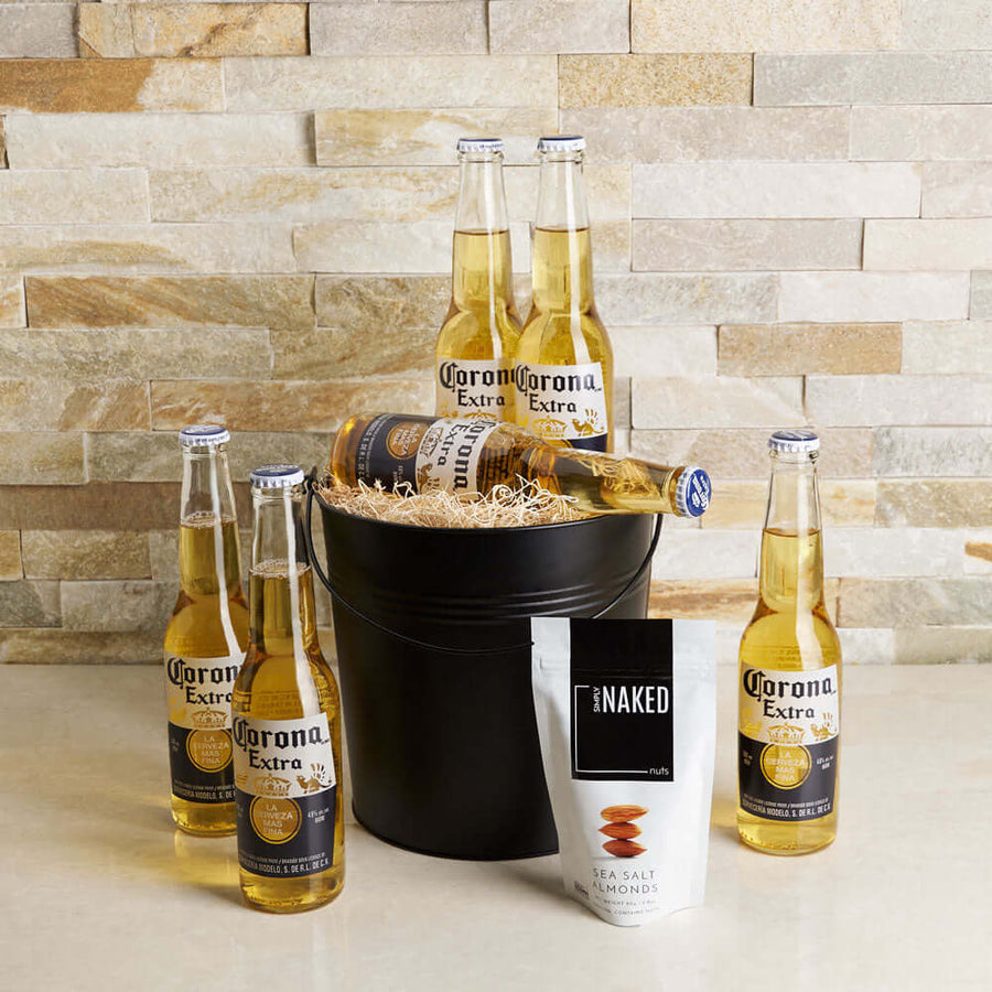Corona Beach Beer Gift Basket, beer gift sets, gourmet gifts, gifts, beer, almonds, carrying pail