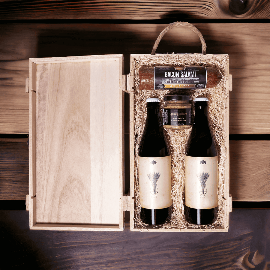 The Dad's Beer & Salami Joy features two crisp, quality craft beers accompanied by delicious sides of bacon salami and whole grain garlic mustard