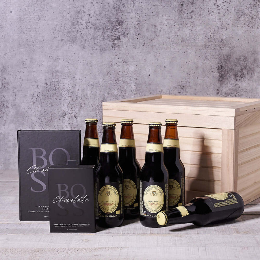 Guinness Lover's Gift Crate, beer gift baskets, chocolates, Guinness beer, beer gift crate, beer gift set, father's day gift baskets