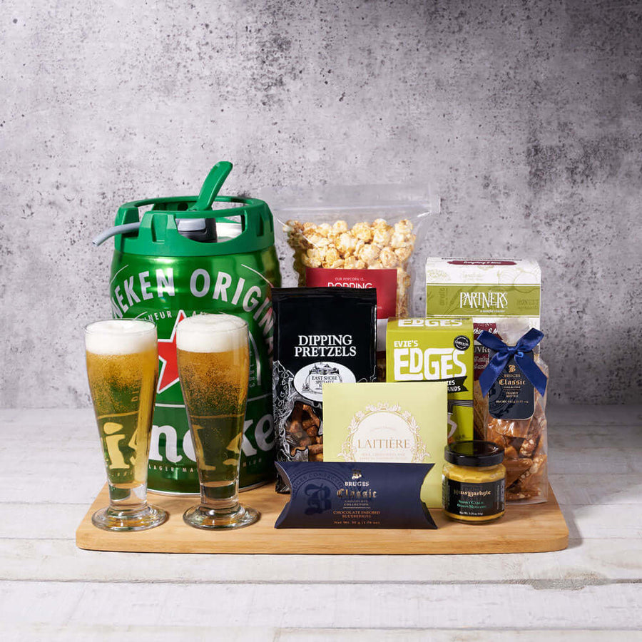 Heineken Heaven Keg Set, beer gift sets, gourmet gifts, heineken, beer keg, beer, chocolate, pretzels, peanuts, snacks, USA Delivery