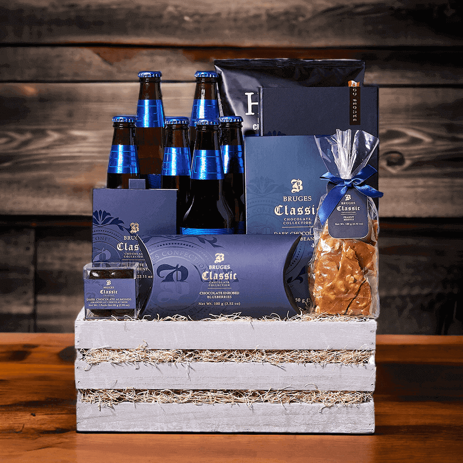 Including six bottles of beer along with handcrafted-style chips from Hardbite, peanut brittle, chocolate covered blueberries, chocolate covered almonds, chocolate truffles, chocolate covered coffee beans, assorted chocolate bars, and a wooden gift crate, it’s got plenty to satisfy any snack craving