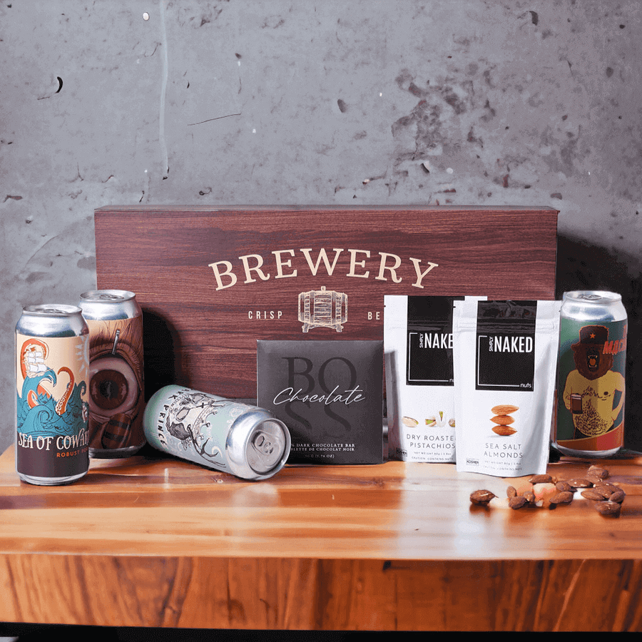 It includes four craft beers, tantalizing dry roasted pistachios, sea salt almonds, 50% dark chocolate, and a brewery-themed beverage box that's great for presentation.