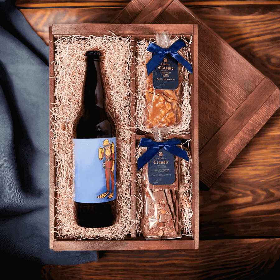 Craft beer alongside tastefully wrapped peanut brittle and dark chocolate almond bark