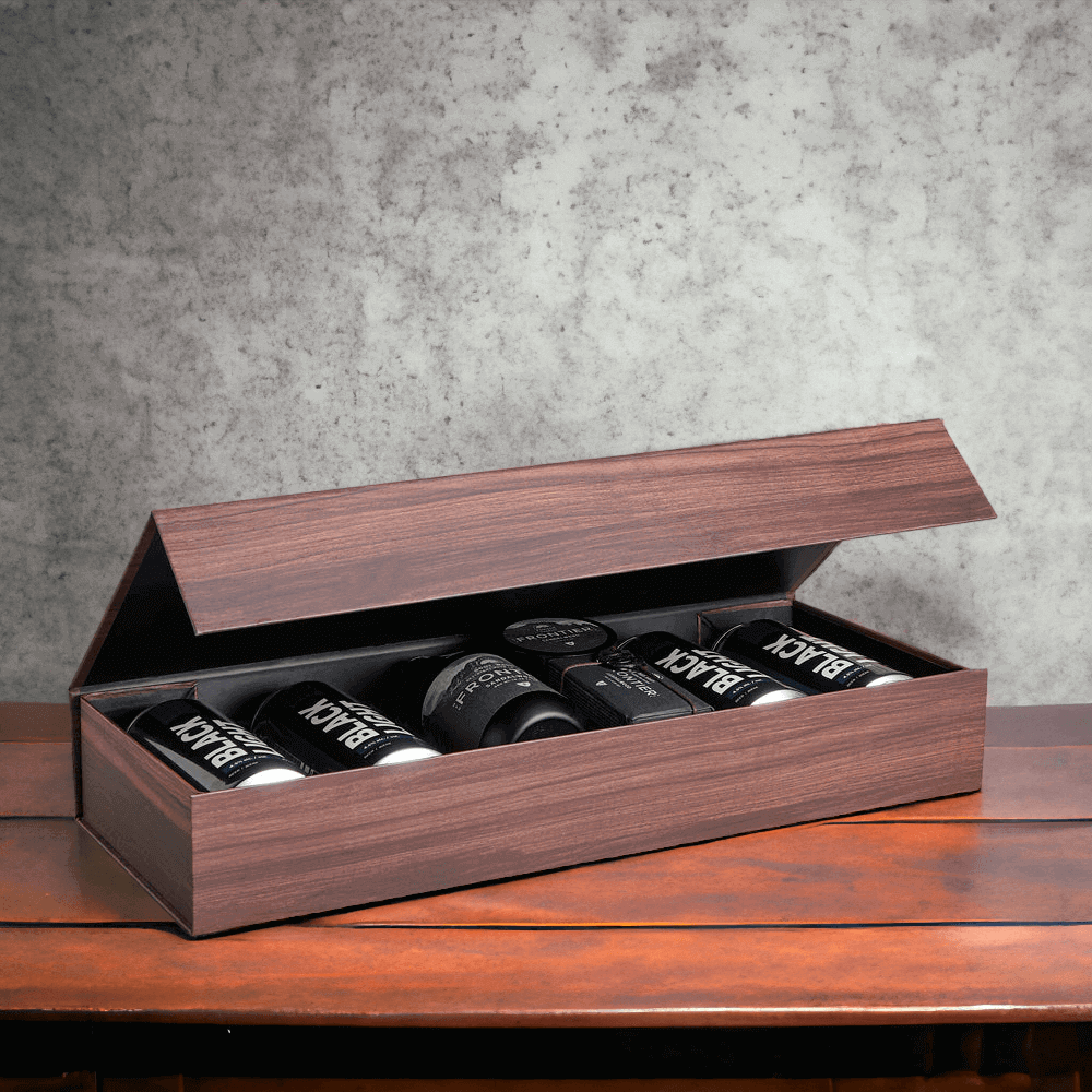 There are four craft beers, sandalwood body wash, sandalwood bar soap, sandalwood hair pomade, and a box for display and storage.