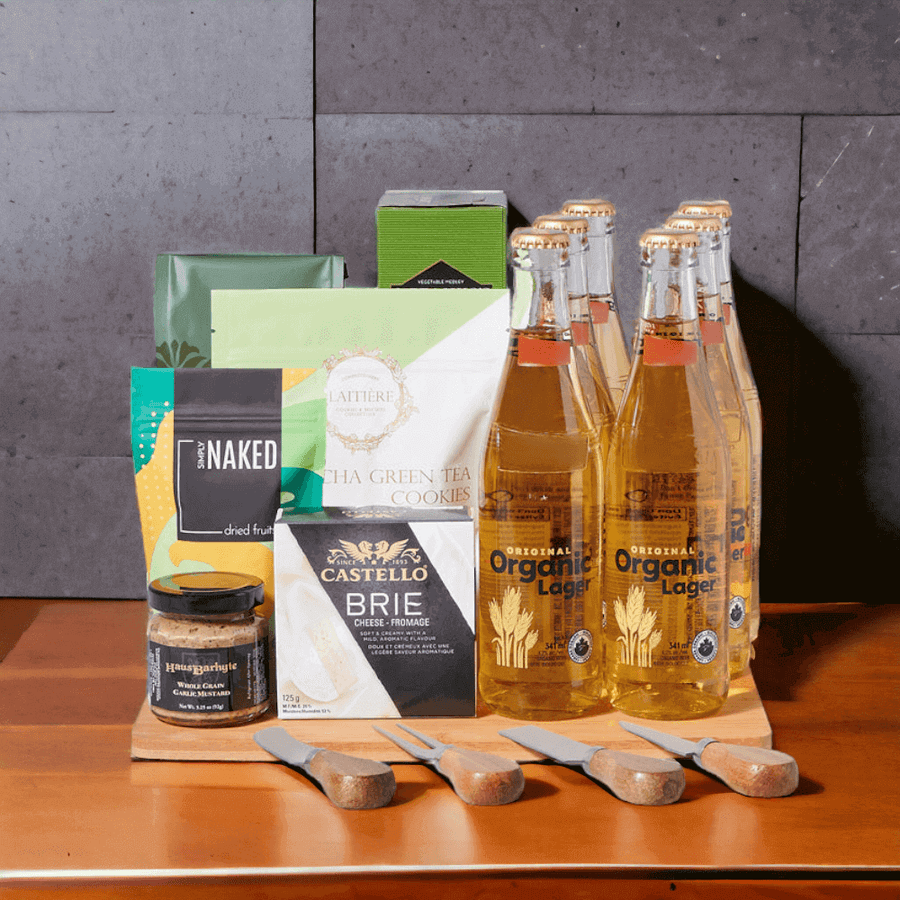  Gourmet Beer Gift Board which includes six beers, matcha green tea cookies, crackers, coffee beans, dried mango, whole grain garlic mustard, and creamy brie cheese. 