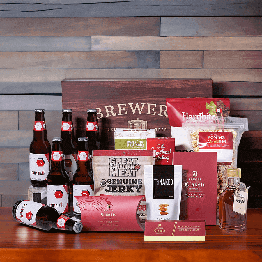 Included are six beers, sweet heat beef jerky, sea salt almonds, popcorn, shortbread cookies, a pralines & cream chocolate bar, milk chocolate covered coffee beans, chocolate covered raisins, crackers, beet chips, Canadian maple syrup, and a beverage box.