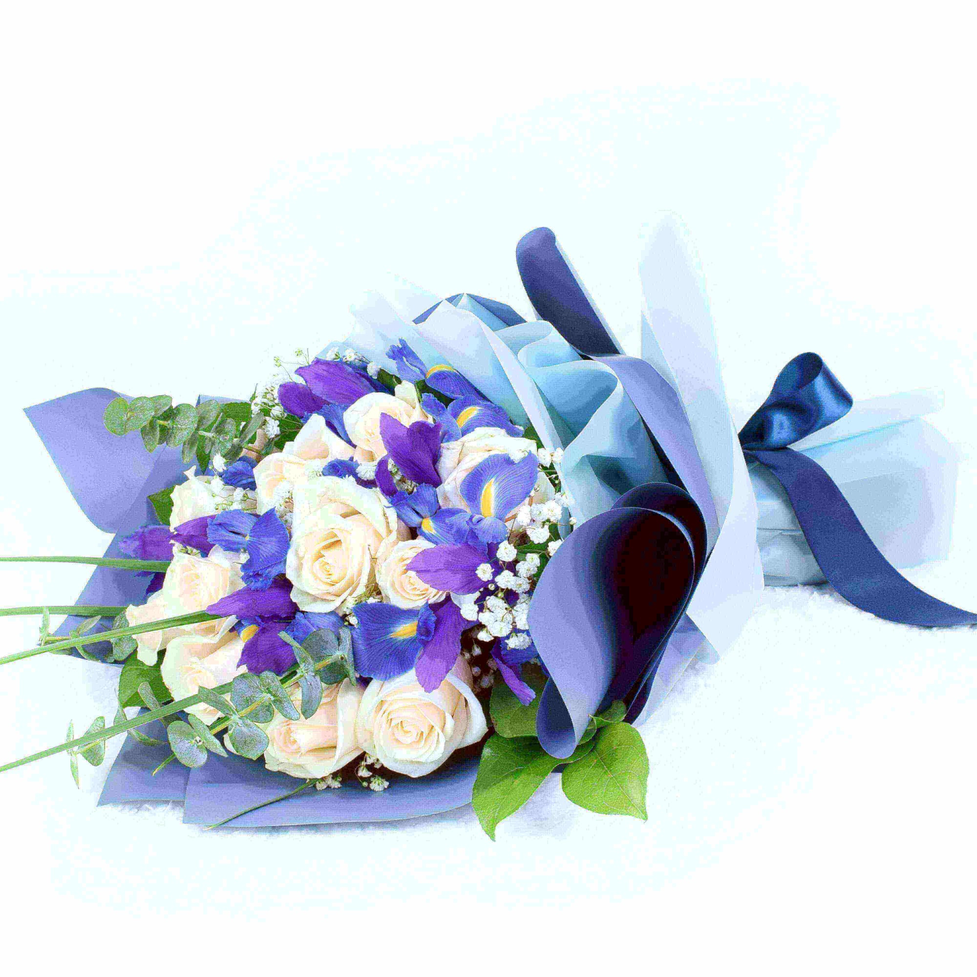 Muted Grace Mixed Floral Bouquet - White Roses and Iris
