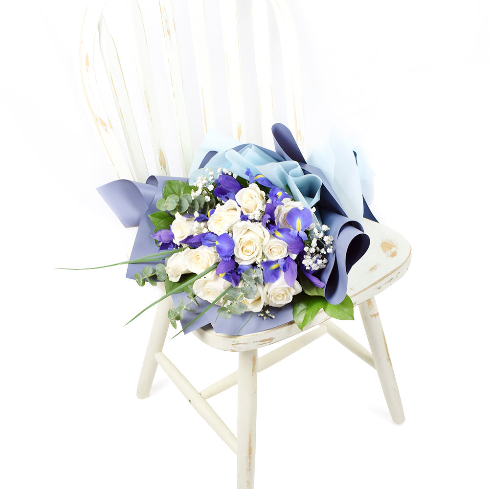 Muted Grace Mixed Floral Bouquet - White Roses and Iris