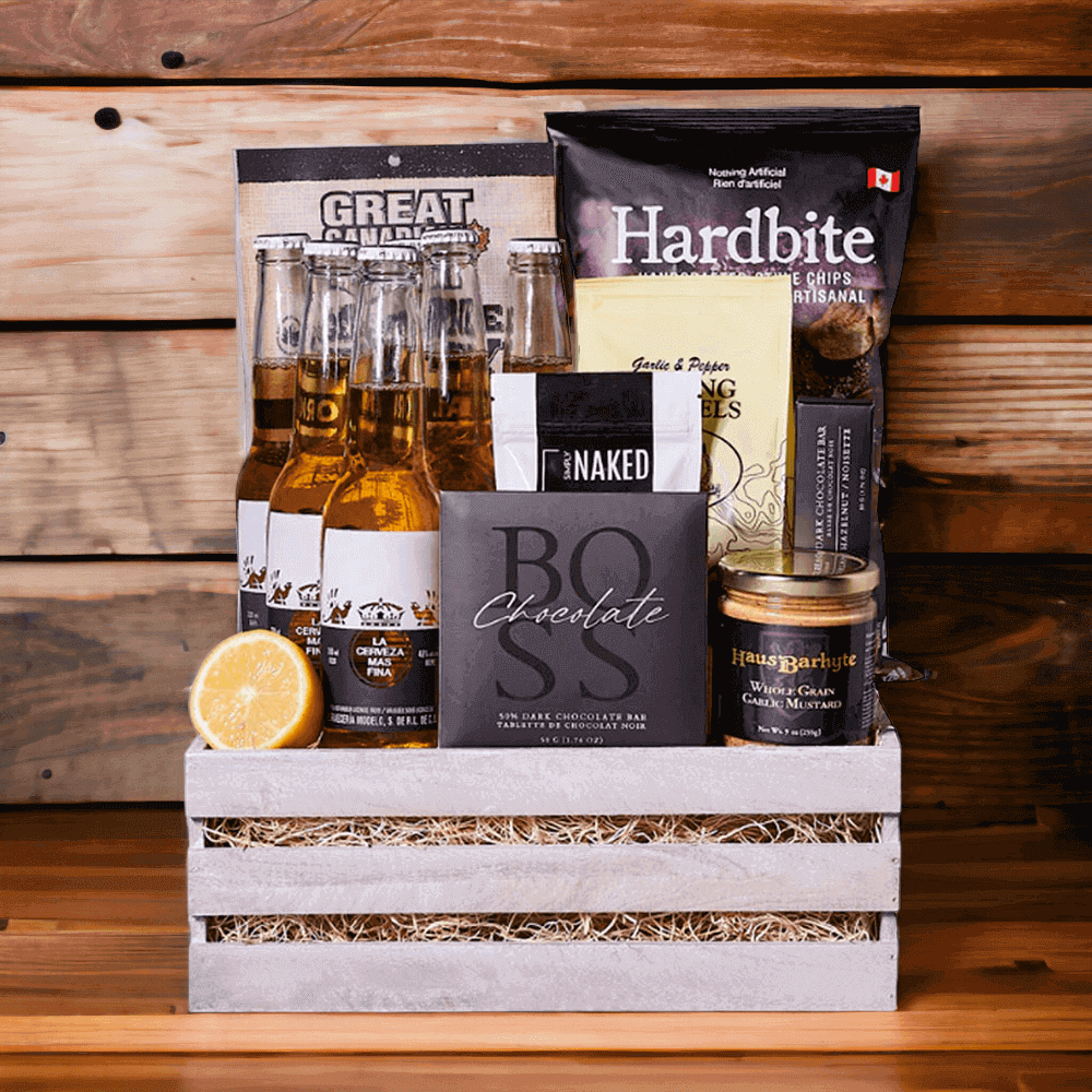 It holds six beers, classic beef jerky, dry roasted peanuts, garlic & pepper pretzels, apple cider vinegar chips, a bar of dark chocolate, a dark chocolate hazelnut bar, whole grain garlic mustard, a lemon, and a wooden gift crate.