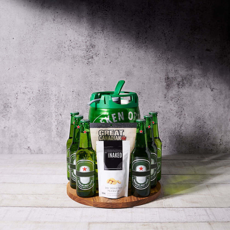 The Oktoberfest Custom Beer Keg Gift Basket, beer gift sets, gourmet gifts, Heineken, beer keg, beer, peanuts, beef jerky